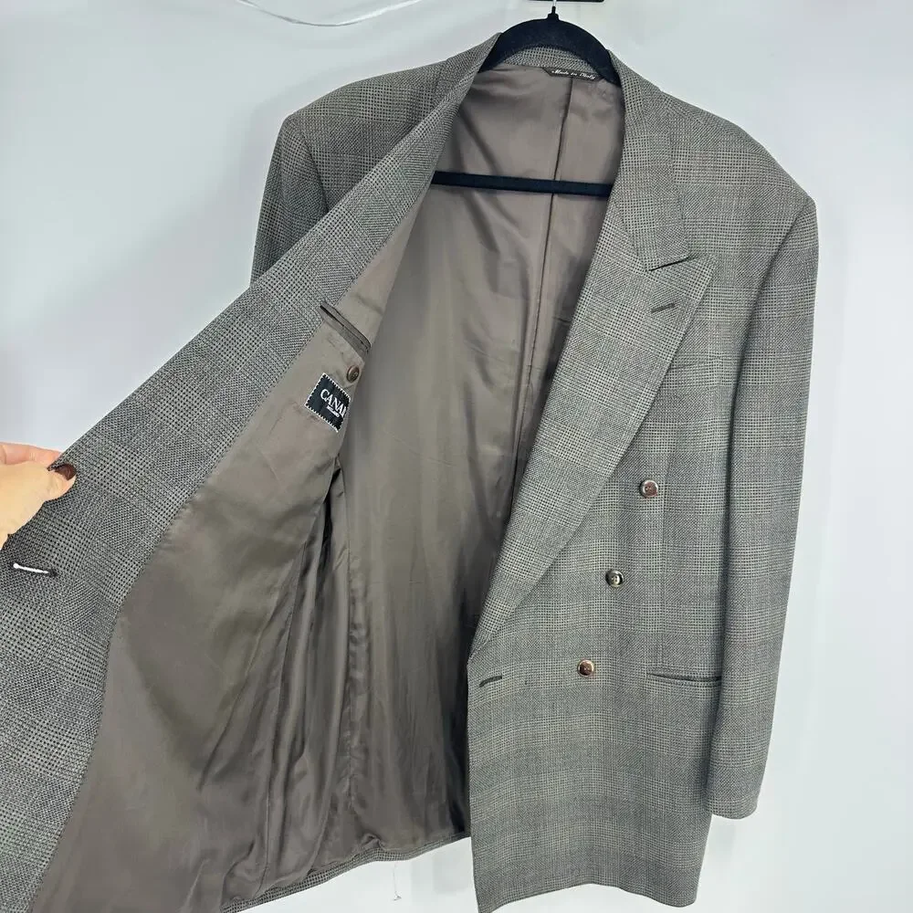 Canali Mens 42R EU52 Double Breasted Sport Coat Jacket Wool Checked Brown Italy
